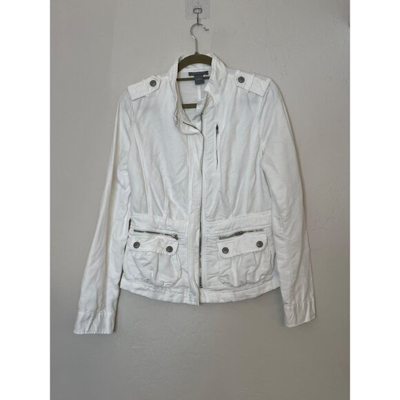 Ann Taylor Linen‎ Cotton Blend White Zipper Front Denim Utility Jacket Size 8 - Picture 1 of 10